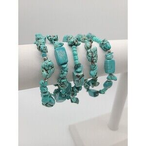 Natural Turquoise Stretch Bracelets w/Silver Beads - Set of 5 - Boho/Southwest
